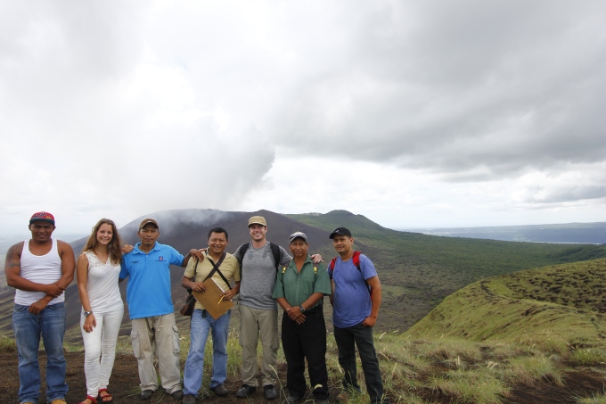 By horse or by foot – views of the live crater of the Masaya Volcano and, in the distance, the crater lake , Laguna de Masaya. L to R - Ariel, who leads the horses; Linda, group member; Franklin, local guide; Marlin, program coordinator; Nick, group member and photographer; Ismael, program coordinator and Bismark, local guide.